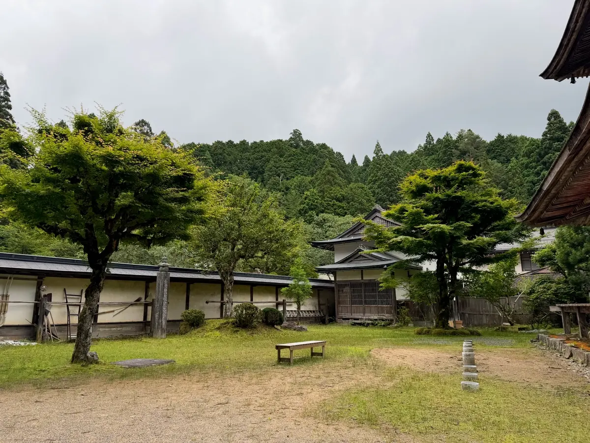 Open temple grounds and surrounding trees in Koyasan.