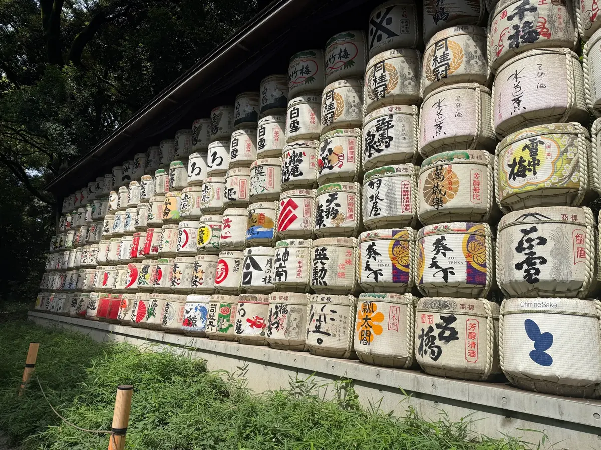 Rows of decorated sake barrels at Meiji Shrine in Tokyo.