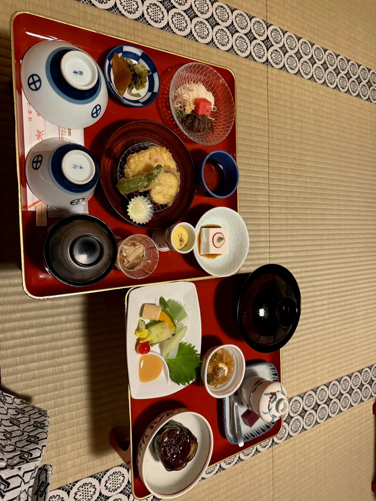 Overhead view of the temple dinner trays.