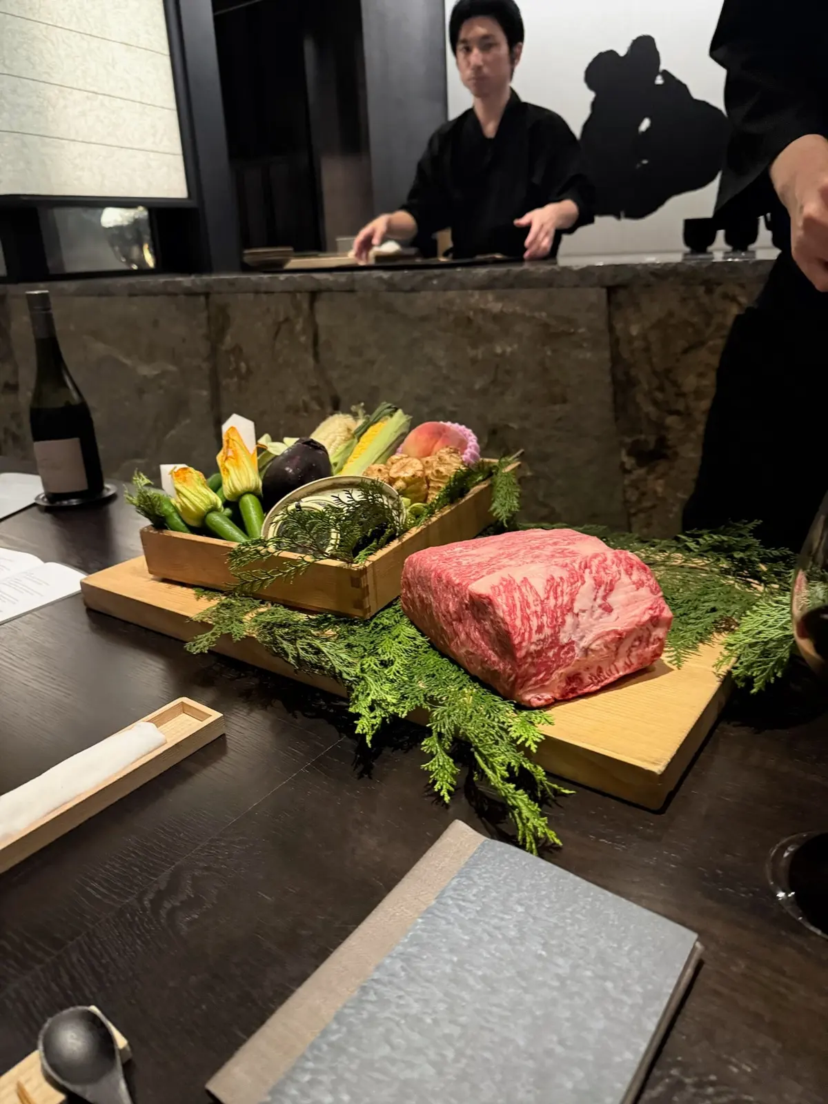 Wagyu beef and vegetables presented before dinner in Osaka.